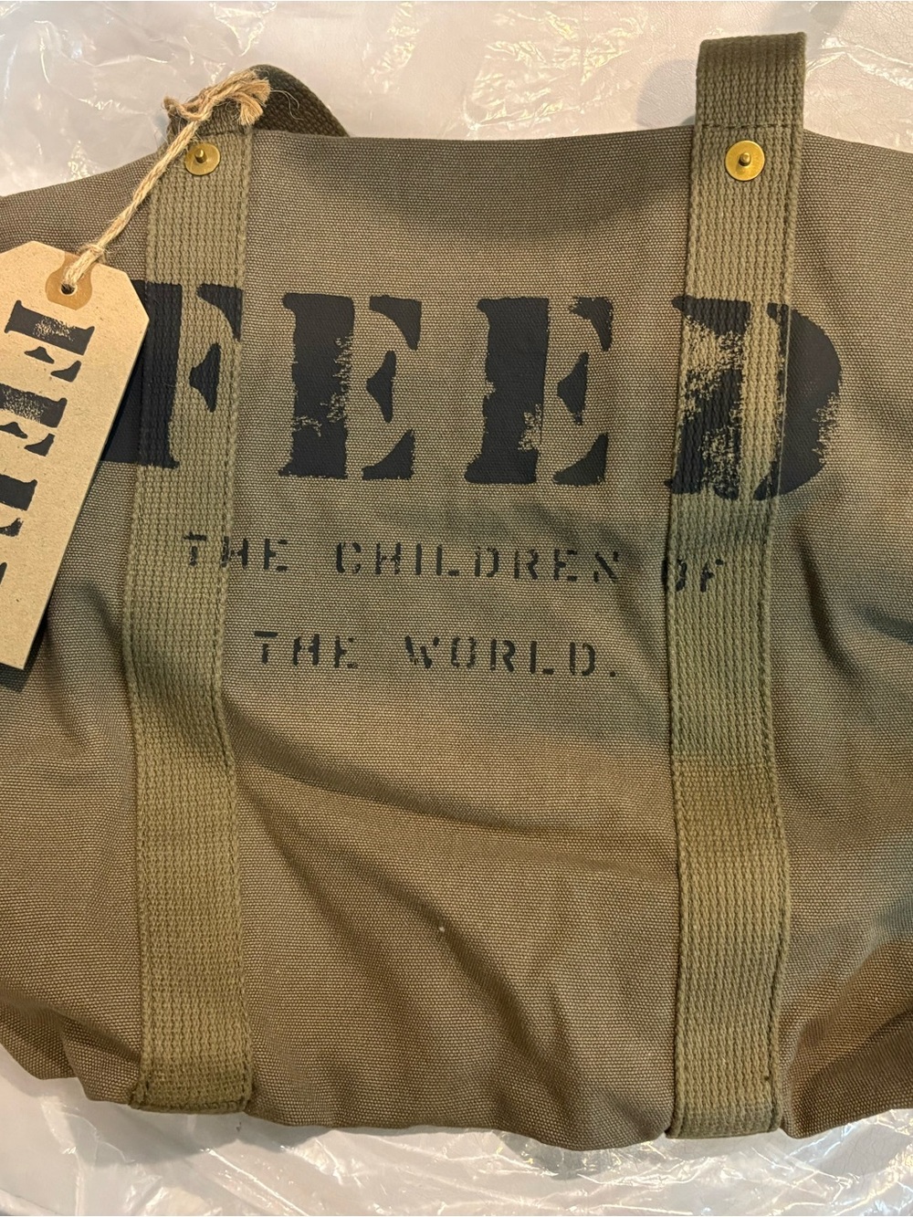 Army Green Canvas Utility Duffle with 'Feed' Stencil